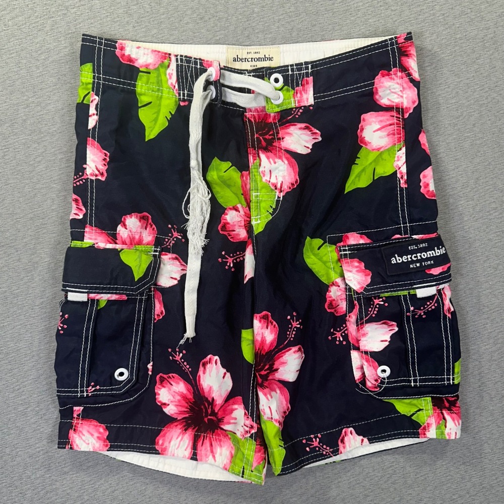 Abercrombie Board Shorts Kids L (Men 30) Navy Pink Tropical Hibiscus Cargo Y2K